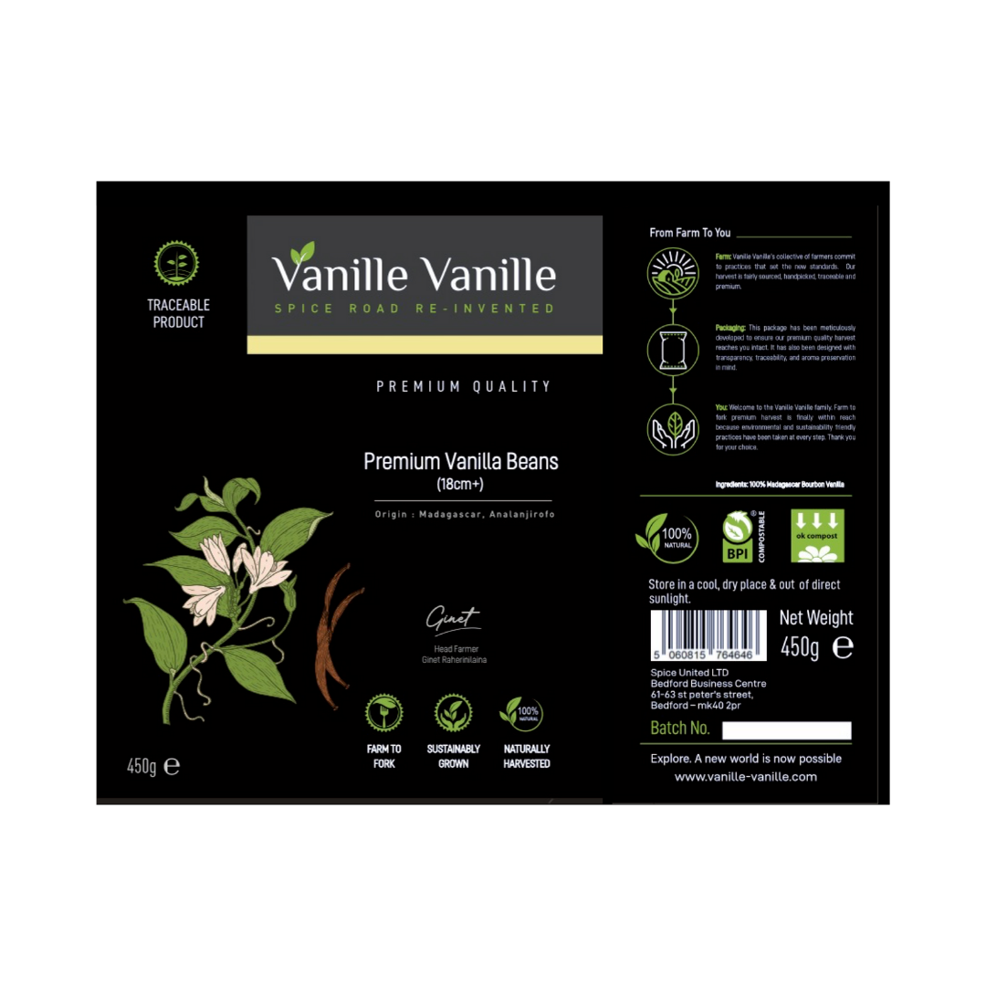 Product Label: Premium Vanilla Beans from Madagascar 18cm+